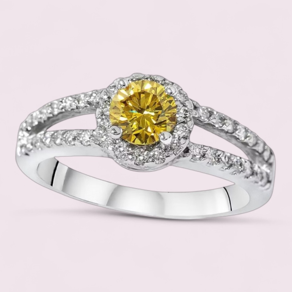 Pretty 925 Sterling Silver Sparkling Yellow CZ Cocktail Hollow Ring